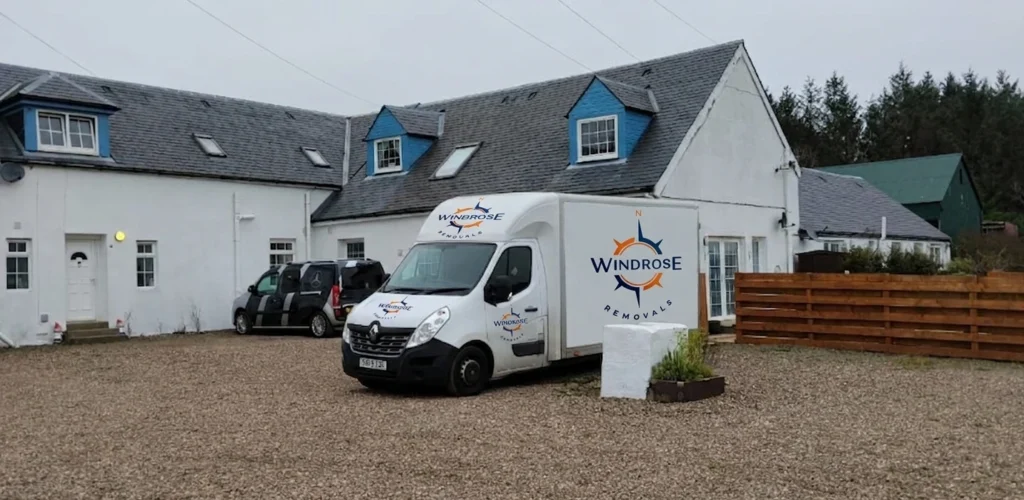 Windrose Removals van parked at a residential property in Ayrshire, providing home moving services in Scotland.