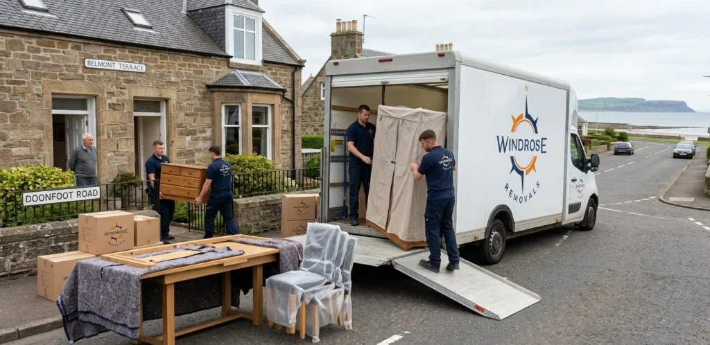 Professional Windrose Removals team carefully loading covered furniture and boxes from a house into the van for a move in Ayr, Scotland.
